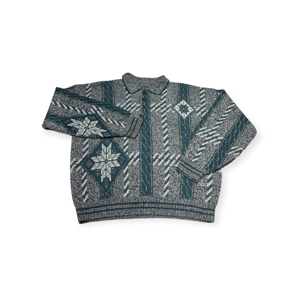 VTG 90s Men's David Taylor Nordic Geometric Henley Knit Sweater Size XLT XL Tall